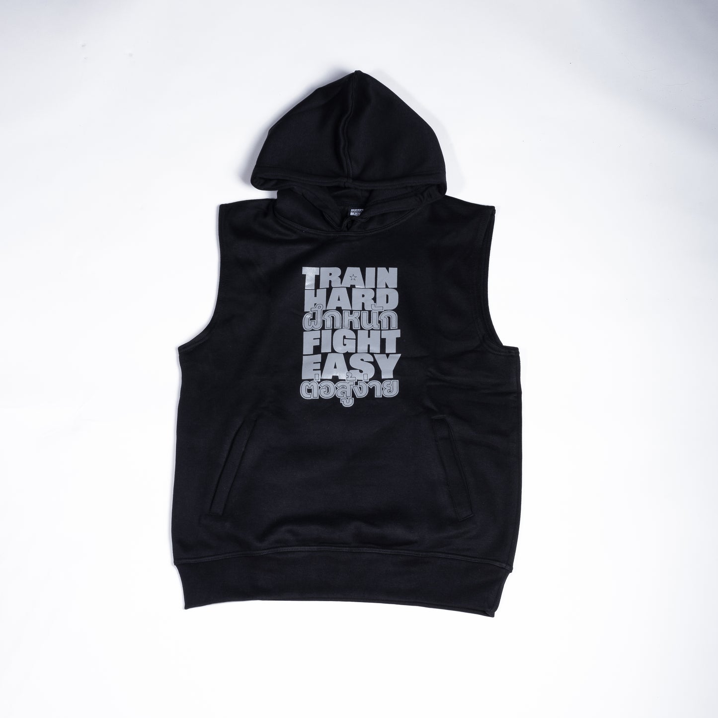 Muay Thai Nation black sleeveless fleece hoodie with a white Train Hard Fight Easy front graphic layout
