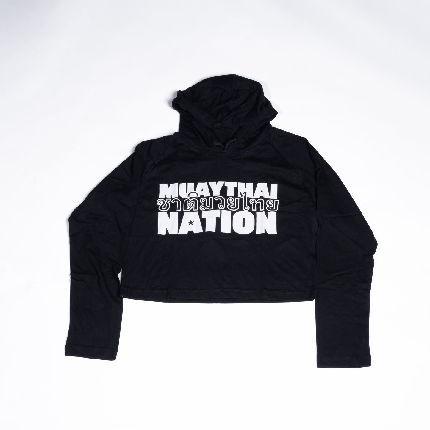 Black cropped jersey hoodie featuring a bold stacked white Muay Thai Nation text graphic across the center