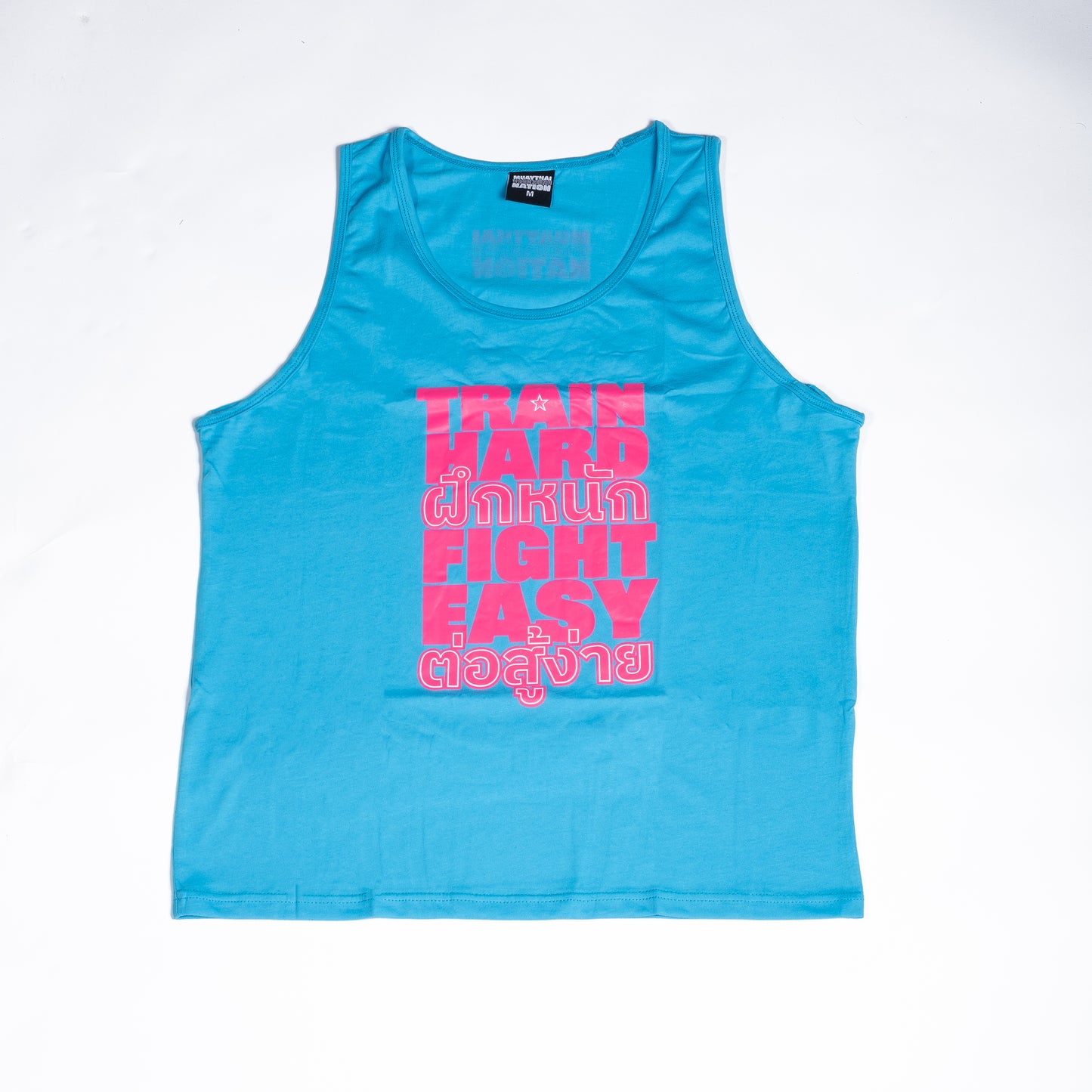 Muay Thai Nation bright teal blue straight cut cotton tank top with a vibrant pink text block print