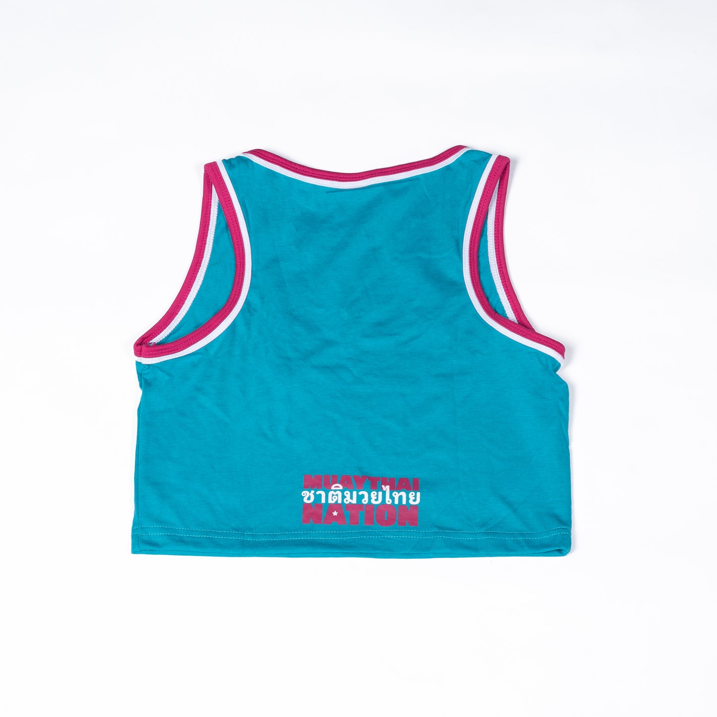 Muay Thai Nation Oweey teal cropped tank top with pink trim back view