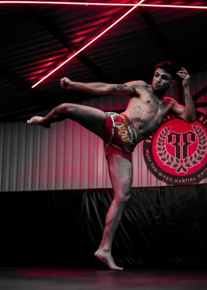 Professional MMA fighter Aldo Cruz kicking in red and green Muay Thai shorts