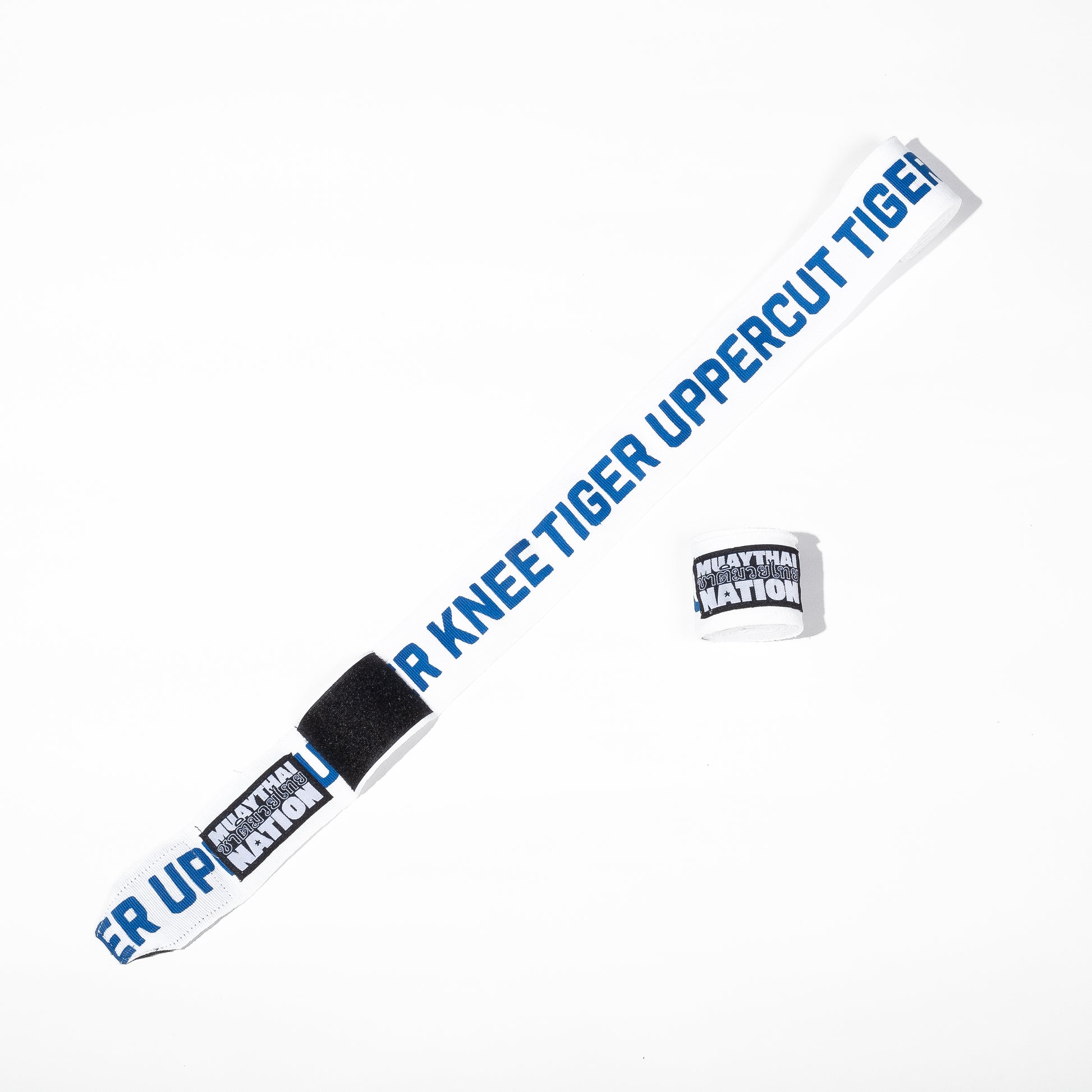 Muay Thai Nation white semi-elastic 4-metre hand wraps with blue text