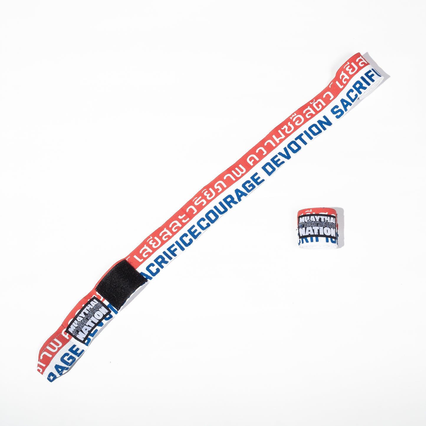 Muay Thai Nation blue, white, and orange semi-elastic 4-metre hand wraps with white logo and thai writing