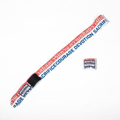 Muay Thai Nation blue, white, and orange semi-elastic 4-metre hand wraps with white logo and thai writing