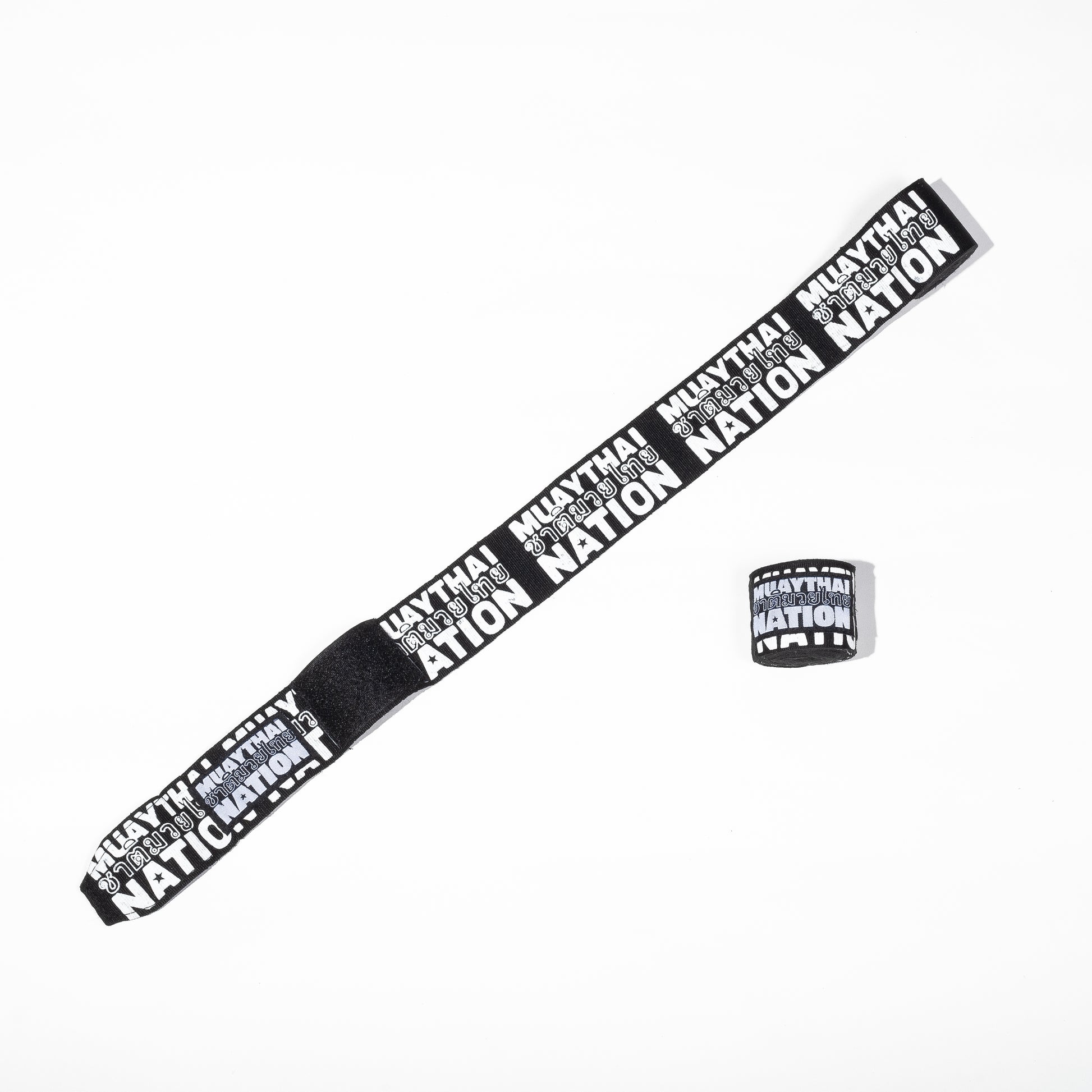Muay Thai Nation black semi-elastic 4-metre hand wraps with repeating white logo