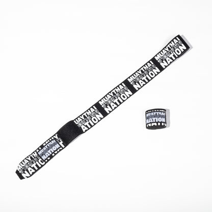 Muay Thai Nation black semi-elastic 4-metre hand wraps with repeating white logo