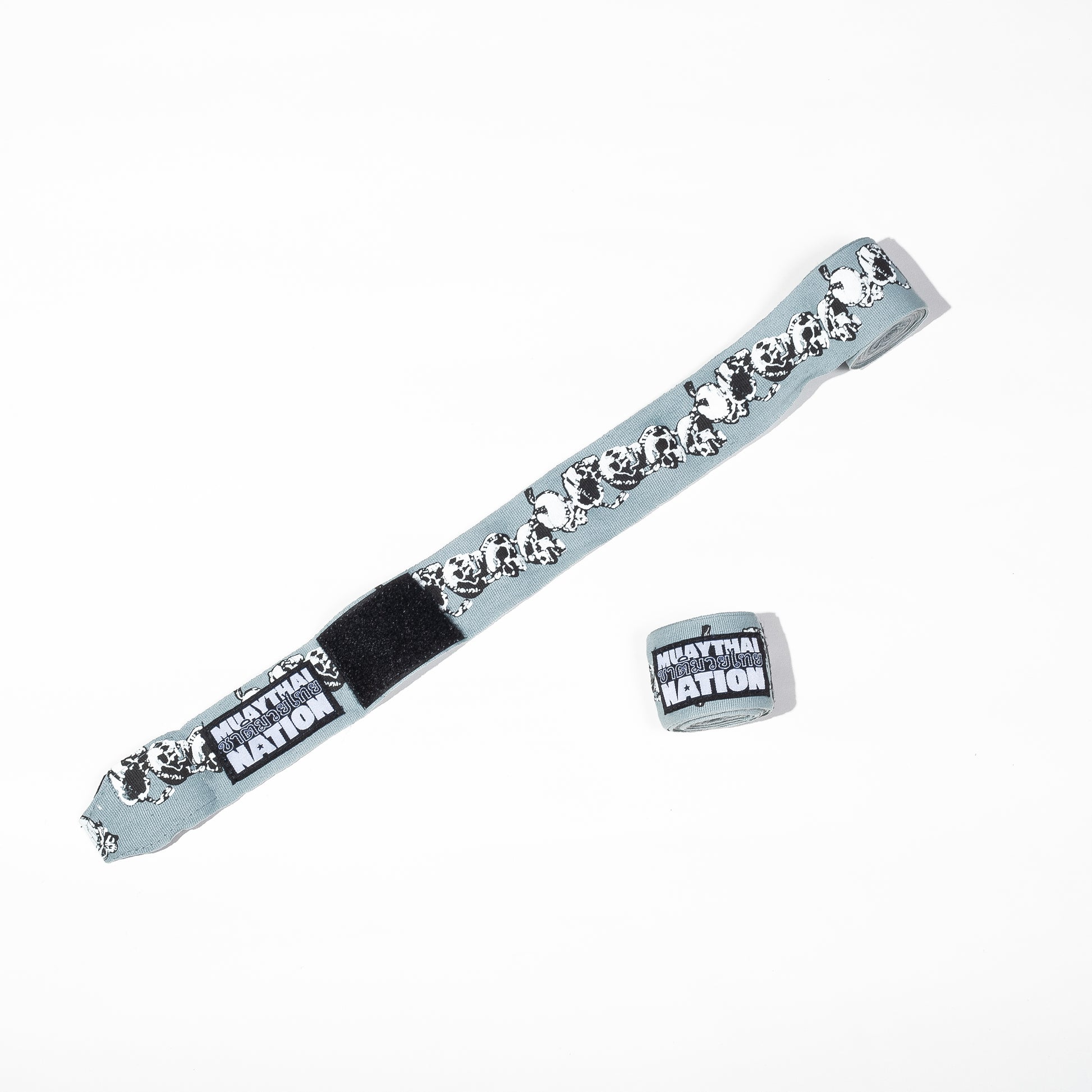 Muay Thai Nation light grey semi-elastic 4-metre hand wraps with white logo