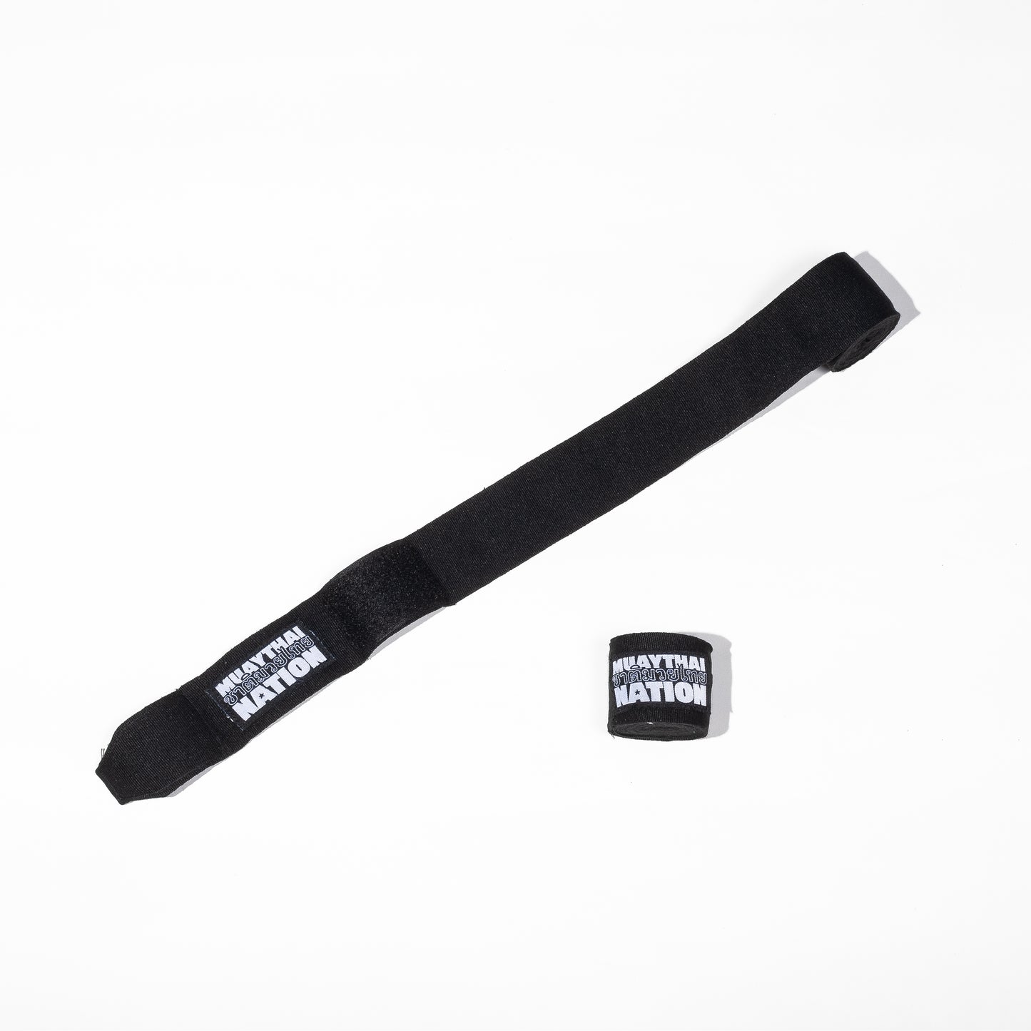 Muay Thai Nation black semi-elastic 4-metre hand wraps with white logo