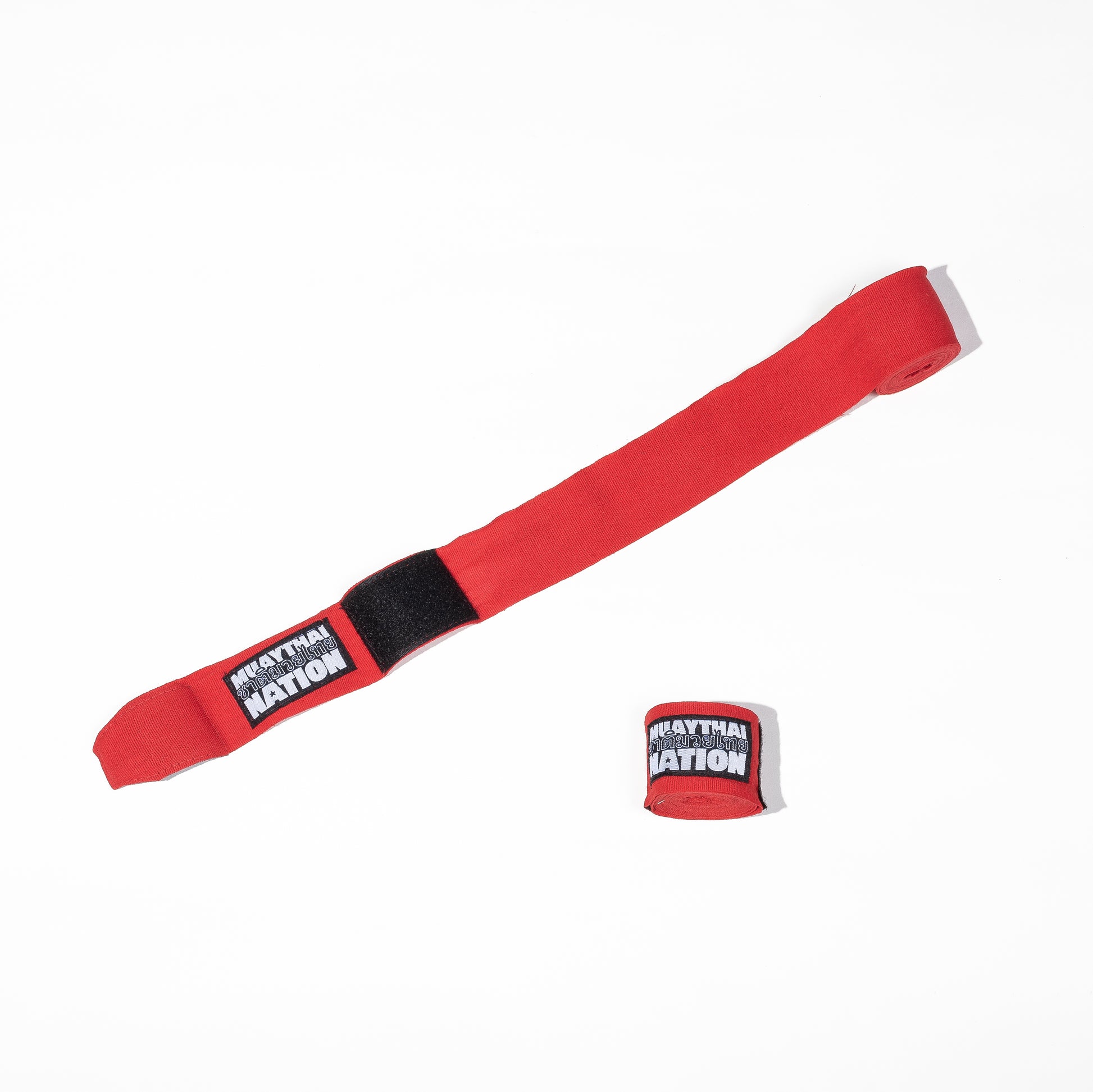 Muay Thai Nation red semi-elastic 4-metre hand wraps with white logo
