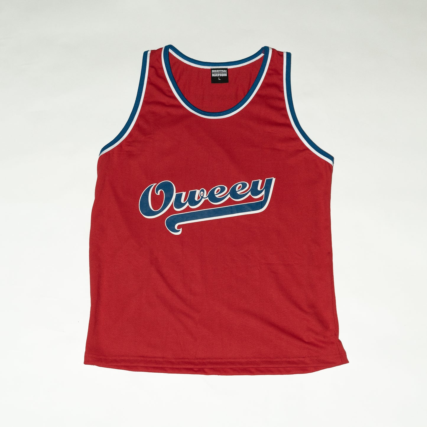Muay Thai Nation "Oweey" standard retro Muay Thai tank top in red with white lettering.