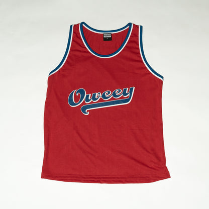 Muay Thai Nation "Oweey" standard retro Muay Thai tank top in red with white lettering.