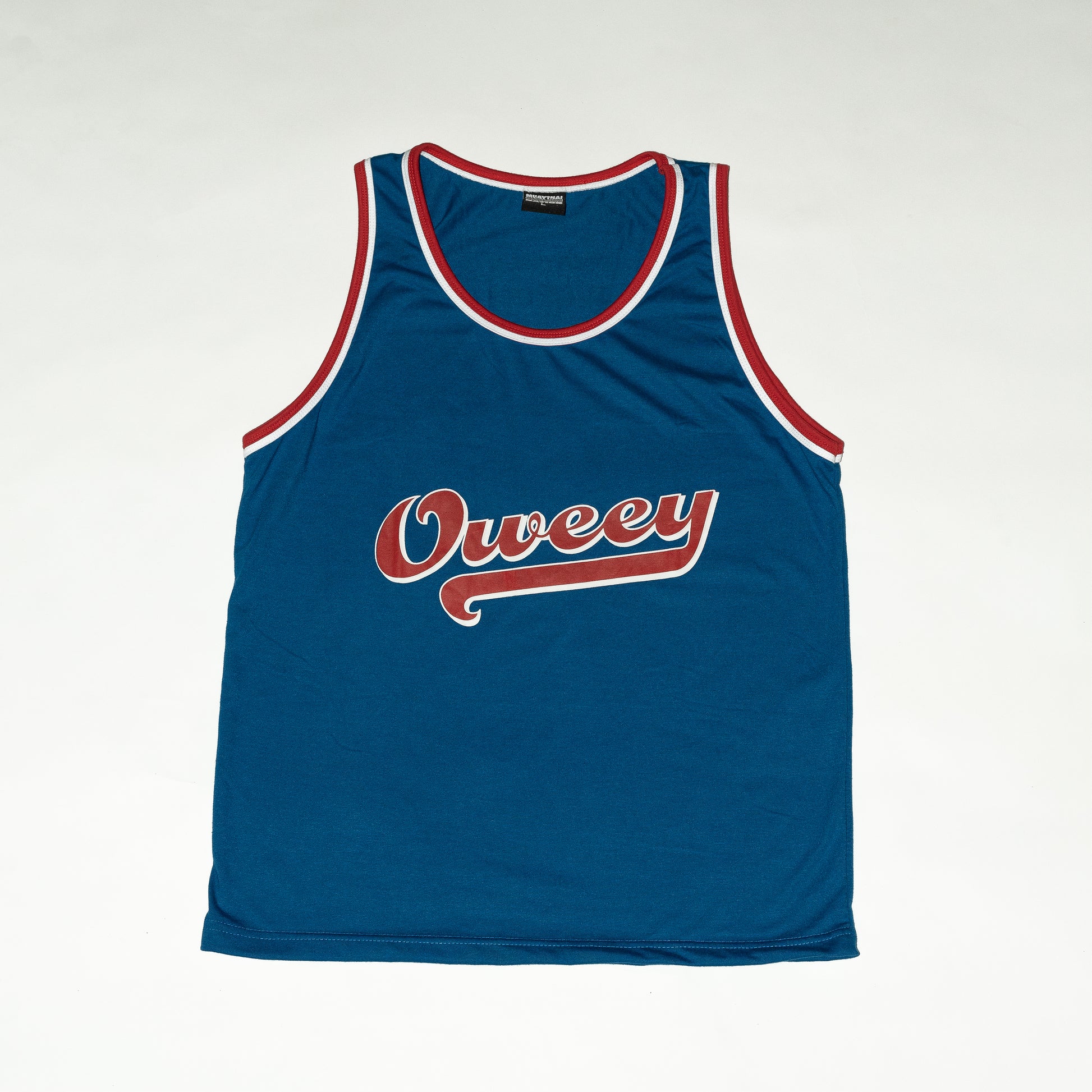 Muay Thai Nation "Oweey" standard cotton tank top in navy blue with red text.
