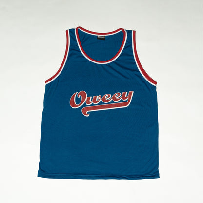 Muay Thai Nation "Oweey" standard cotton tank top in navy blue with red text.