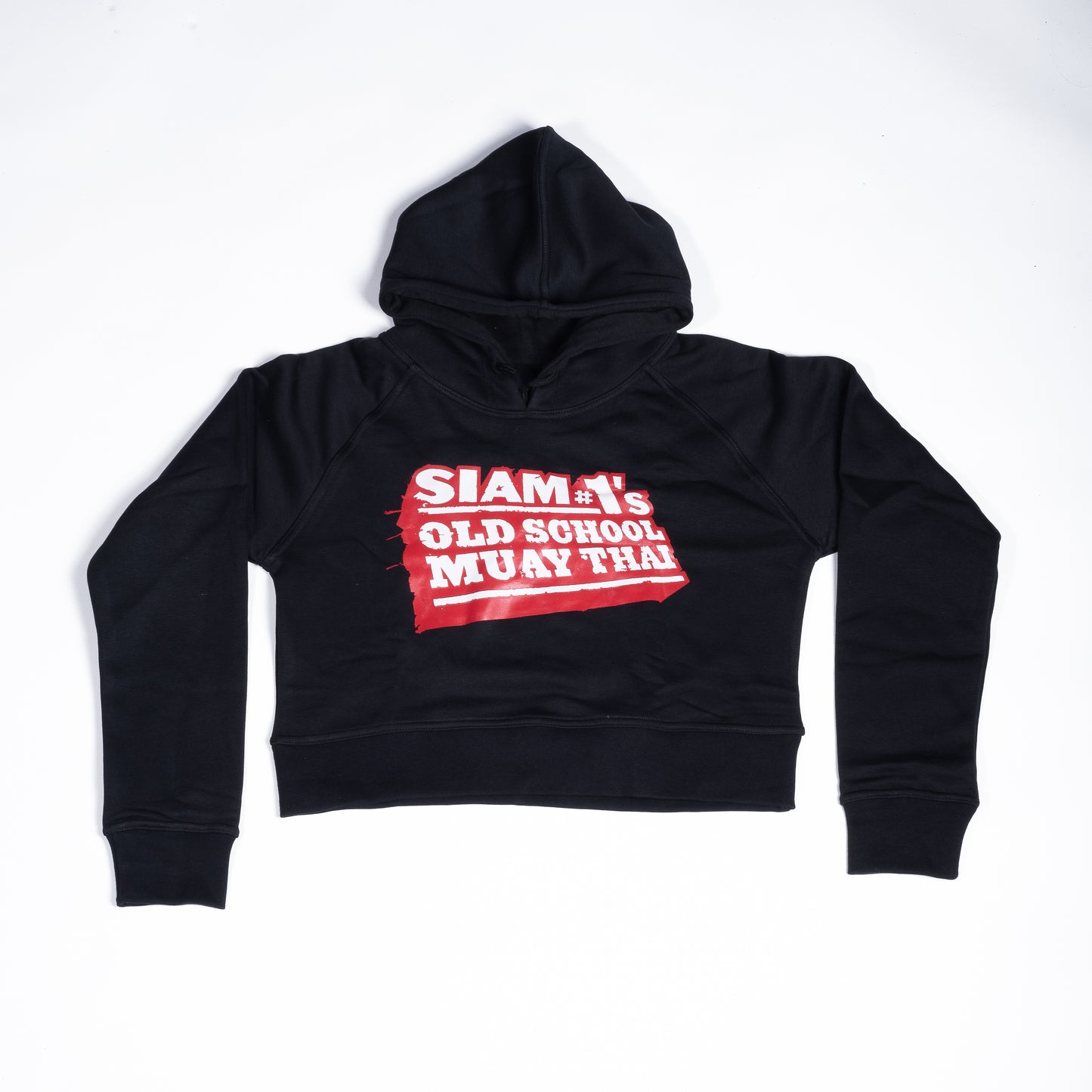 Muay Thai Nation women's black cropped fleece hoodie with a red and white Siam's Old School Muay Thai front graphic