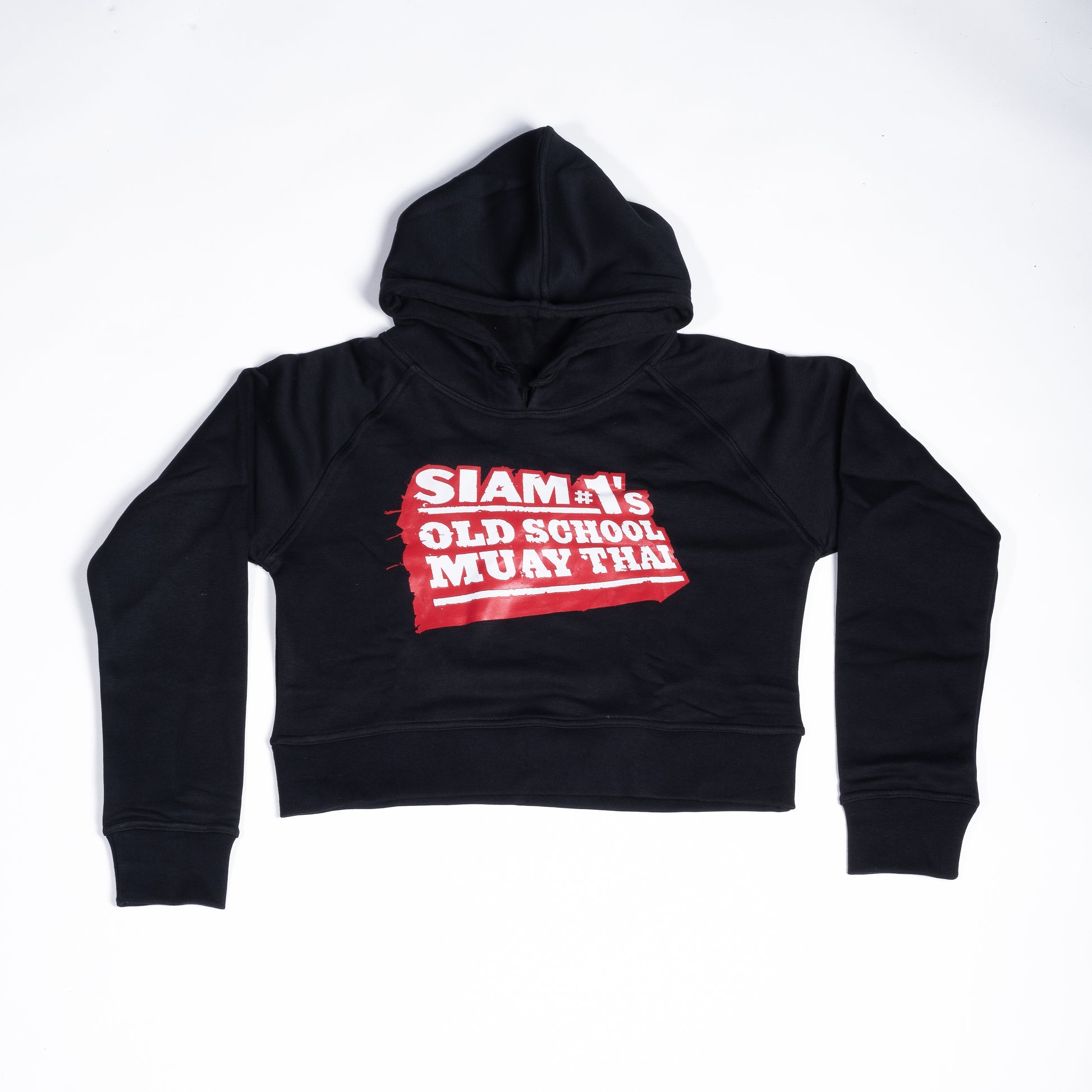 Muay Thai Nation women's black cropped fleece hoodie with a red and white Siam's Old School Muay Thai front graphic