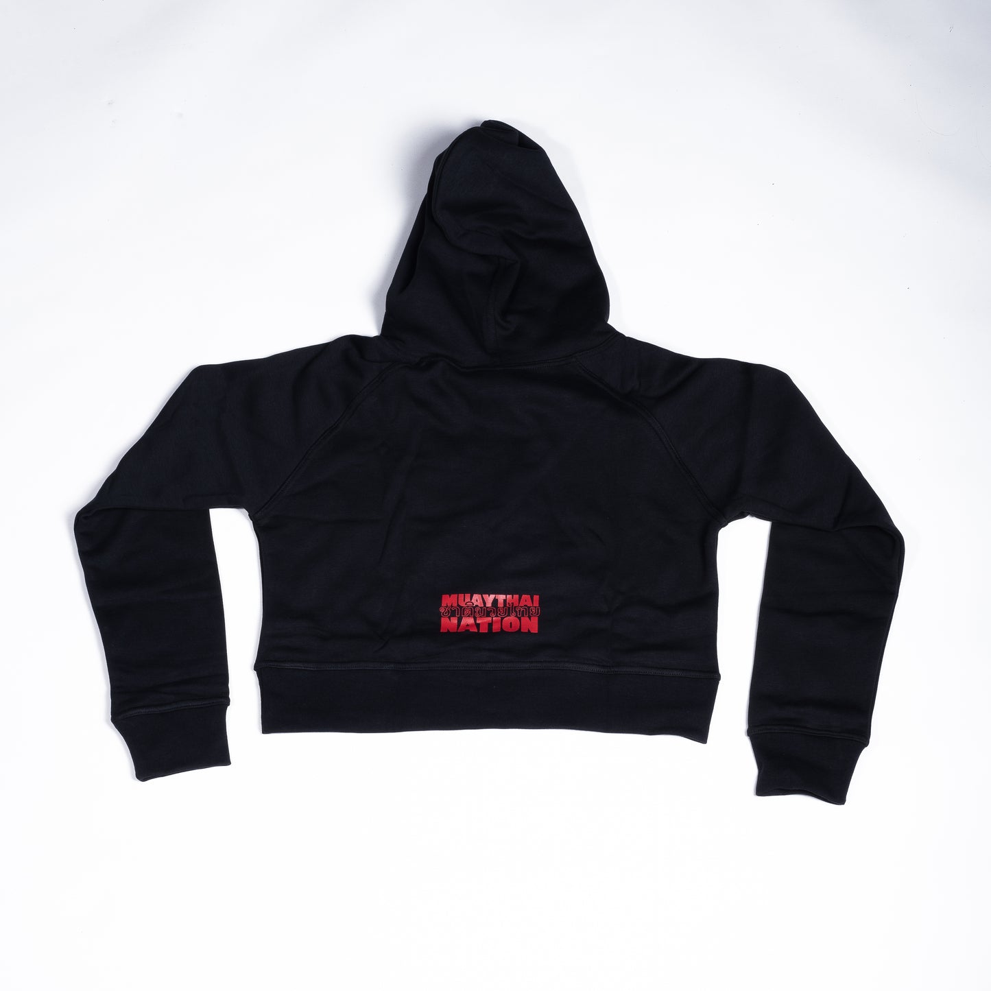 Muay Thai Nation women's black cropped fleece hoodie with a red muay thai nation logo