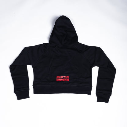 Muay Thai Nation women's black cropped fleece hoodie with a red muay thai nation logo