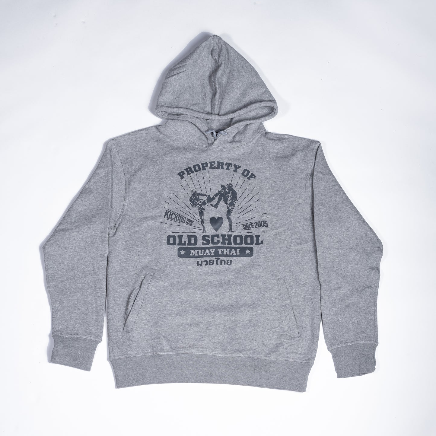 Muay Thai Nation light grey hoodie featuring a vintage "prropeerty of Old School Muay Thai" circular graphic.