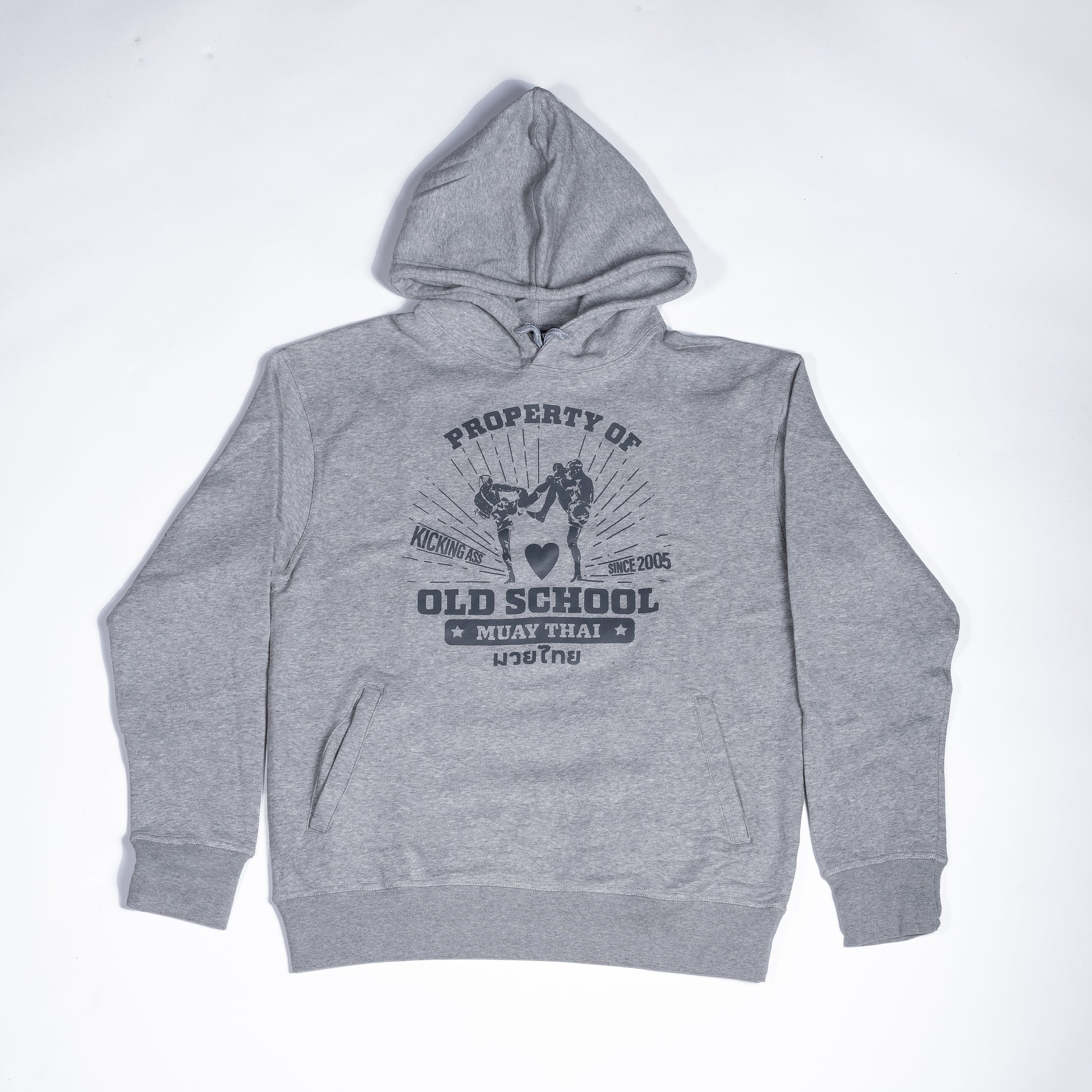 Muay Thai Nation light grey hoodie featuring a vintage "prropeerty of Old School Muay Thai" circular graphic.