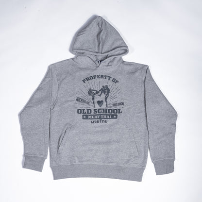Muay Thai Nation light grey hoodie featuring a vintage "prropeerty of Old School Muay Thai" circular graphic.