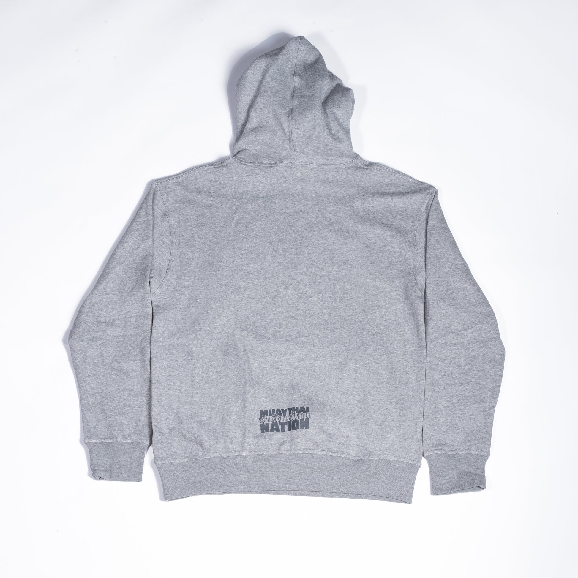 Back view of Muay Thai Nation light grey hoodie with minimal lower hem branding.