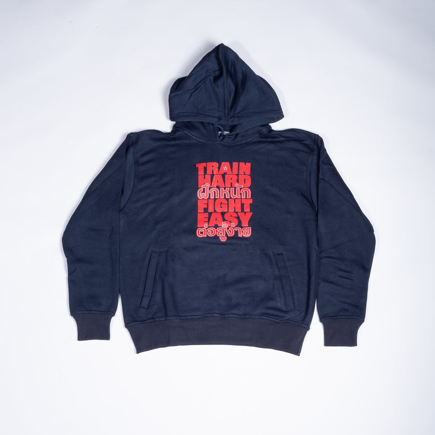 Muay Thai Nation navy blue hoodie featuring a bold red typography design on the chest.