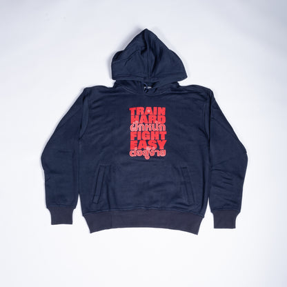 Muay Thai Nation navy blue hoodie featuring a bold red typography design on the chest.