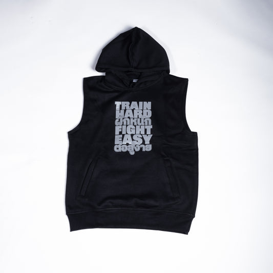 Muay Thai Nation black sleeveless fleece hoodie with a white Train Hard Fight Easy front graphic layout