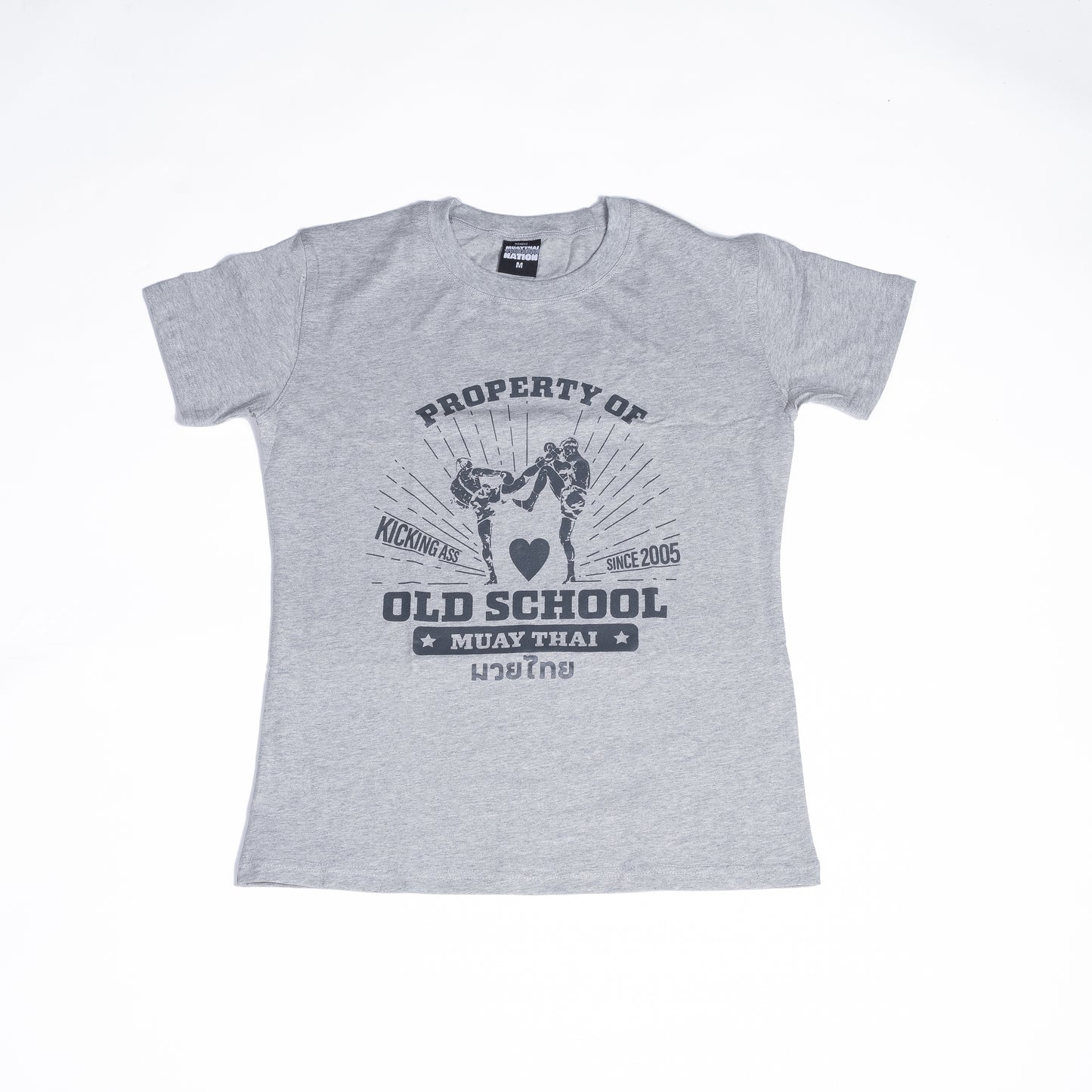 Muay Thai Nation fitted heather grey women's t-shirt with a vintage property of old school muay thai logo