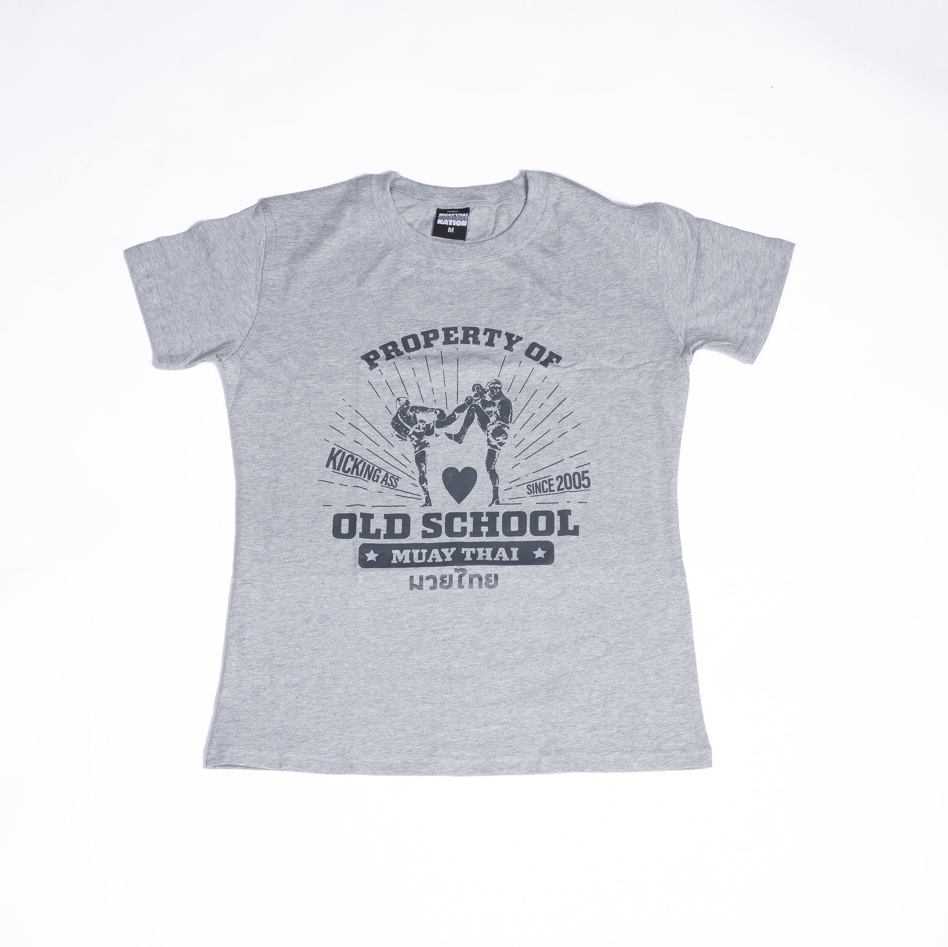 Muay Thai Nation fitted heather grey women's t-shirt with a vintage property of old school muay thai logo
