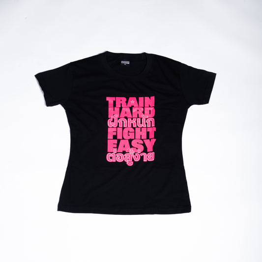 Muay Thai Nation women's fitted black cotton t-shirt with hot pink Train Hard Fight Easy text graphic