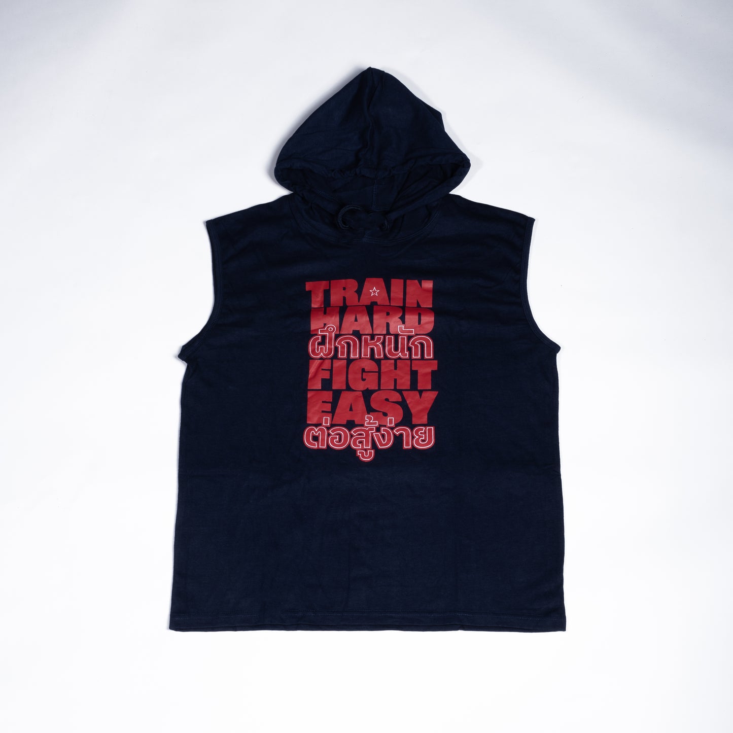 Navy blue sleeveless jersey hoodie featuring a bold Train Hard Fight Easy typography design