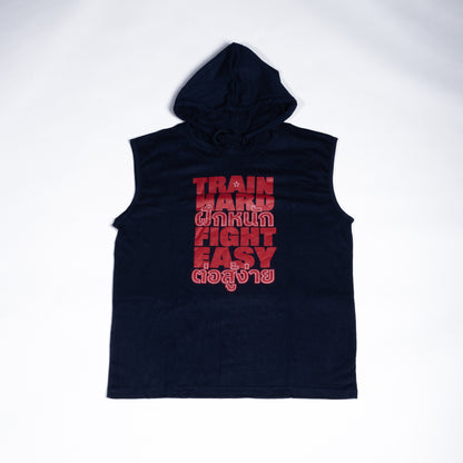Navy blue sleeveless jersey hoodie featuring a bold Train Hard Fight Easy typography design
