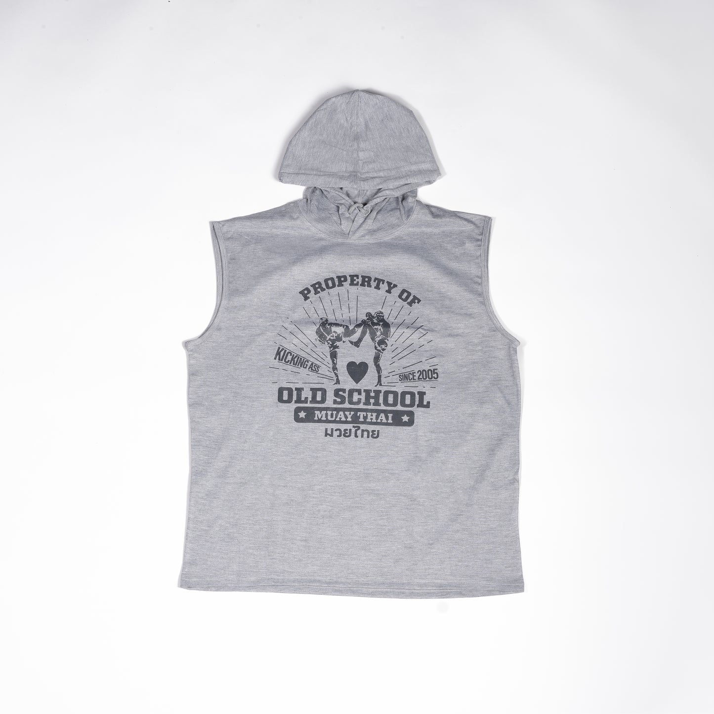 Muay Thai Nation heather grey sleeveless jersey hoodie with vintage property of old school muay thai graphic