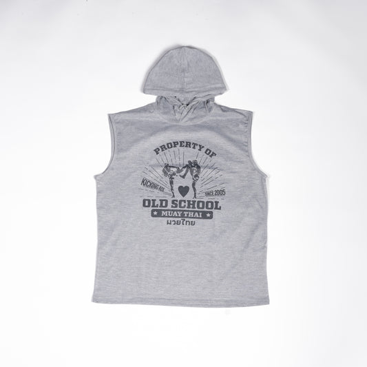 Muay Thai Nation heather grey sleeveless jersey hoodie with vintage property of old school muay thai graphic