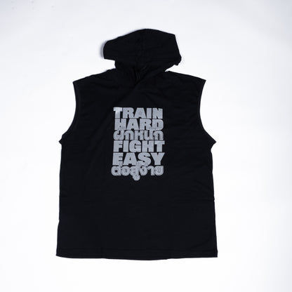 Black sleeveless jersey hoodie featuring a bold Train Hard Fight Easy typography design