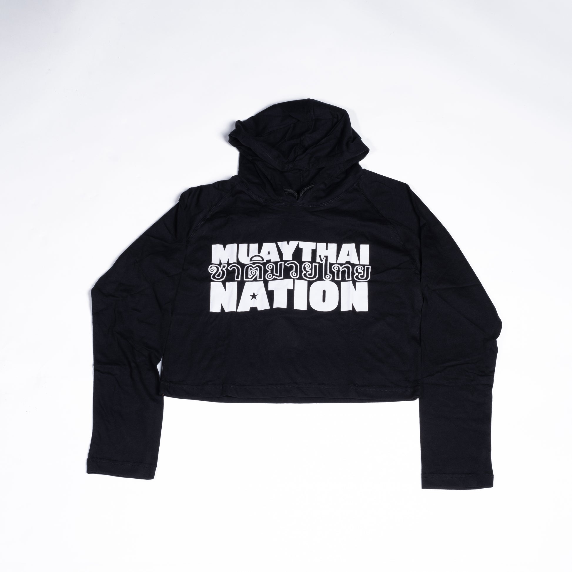Black cropped jersey hoodie featuring a bold stacked white Muay Thai Nation text graphic across the center