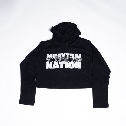 Black cropped jersey hoodie featuring a bold stacked white Muay Thai Nation text graphic across the center
