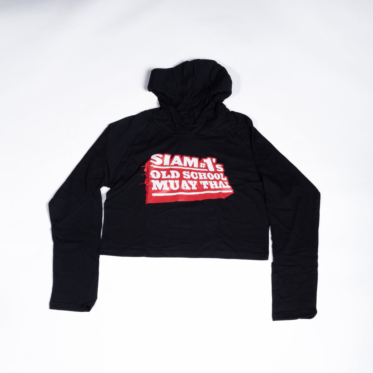 Muay Thai Nation women's black cropped jersey hoodie with a red and white Siam's Old School Muay Thai front graphic