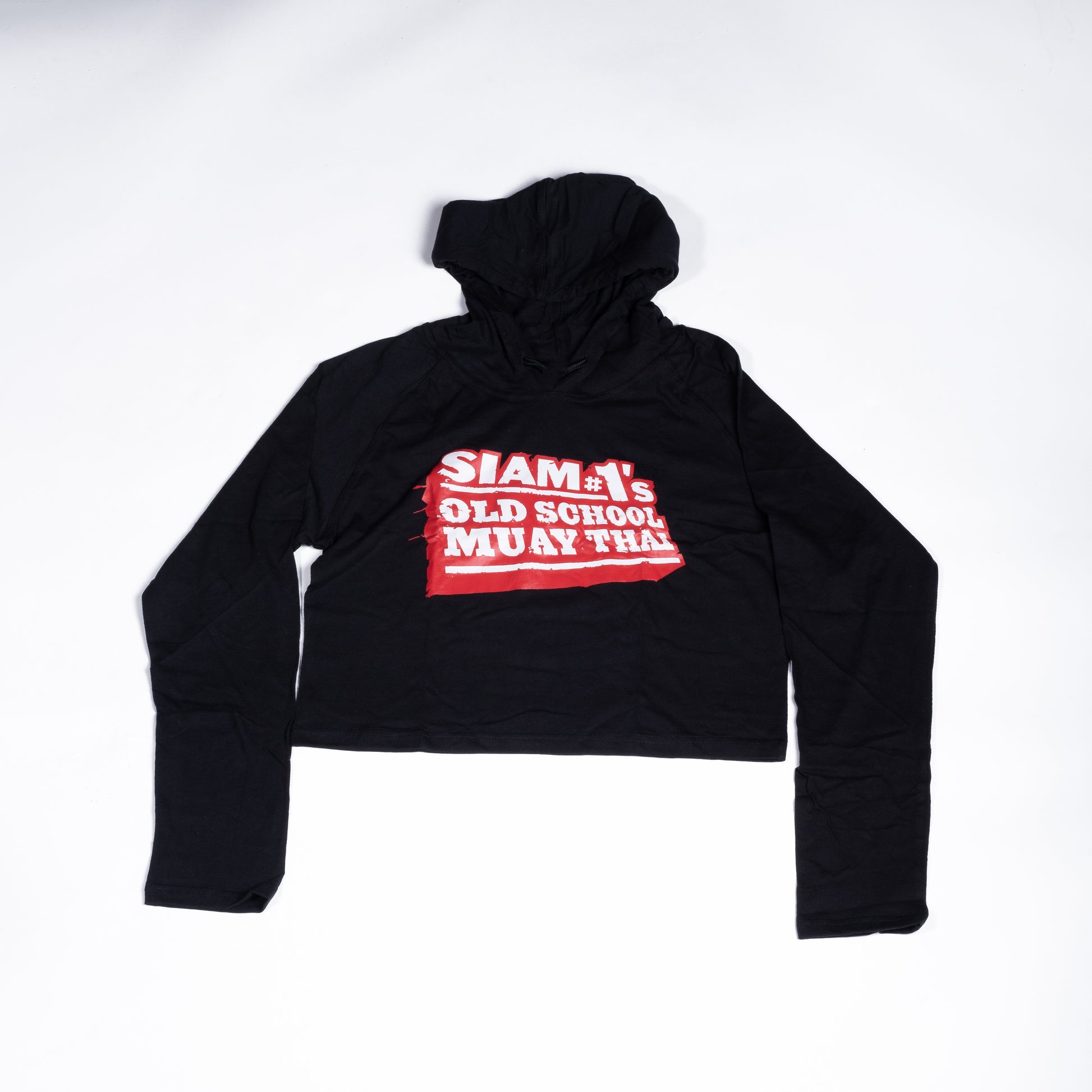 Muay Thai Nation women's black cropped jersey hoodie with a red and white Siam's Old School Muay Thai front graphic