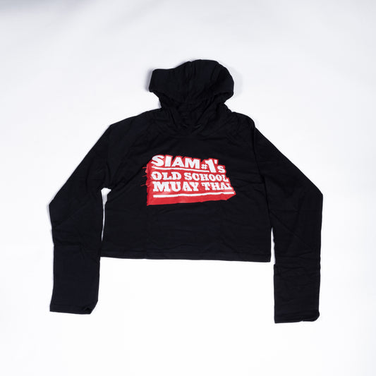 Muay Thai Nation women's black cropped jersey hoodie with a red and white Siam's Old School Muay Thai front graphic