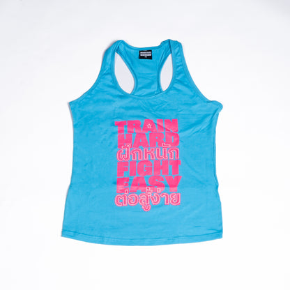 Muay Thai Nation teal fitted athletic tank top with Train Hard Fight Easy text graphic