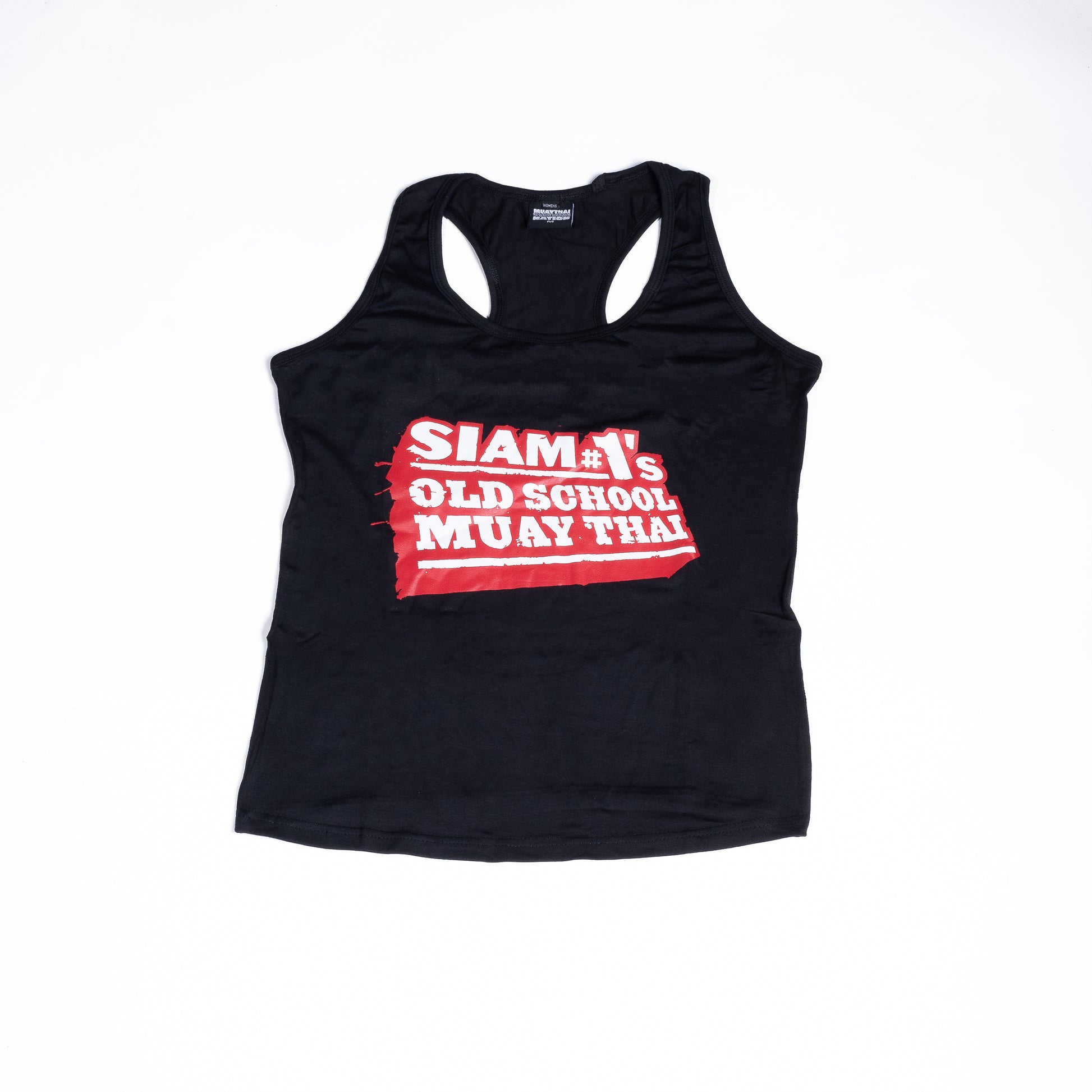 Muay Thai Nation women's black racerback tank top with Siam's Old School Muay Thai graphic