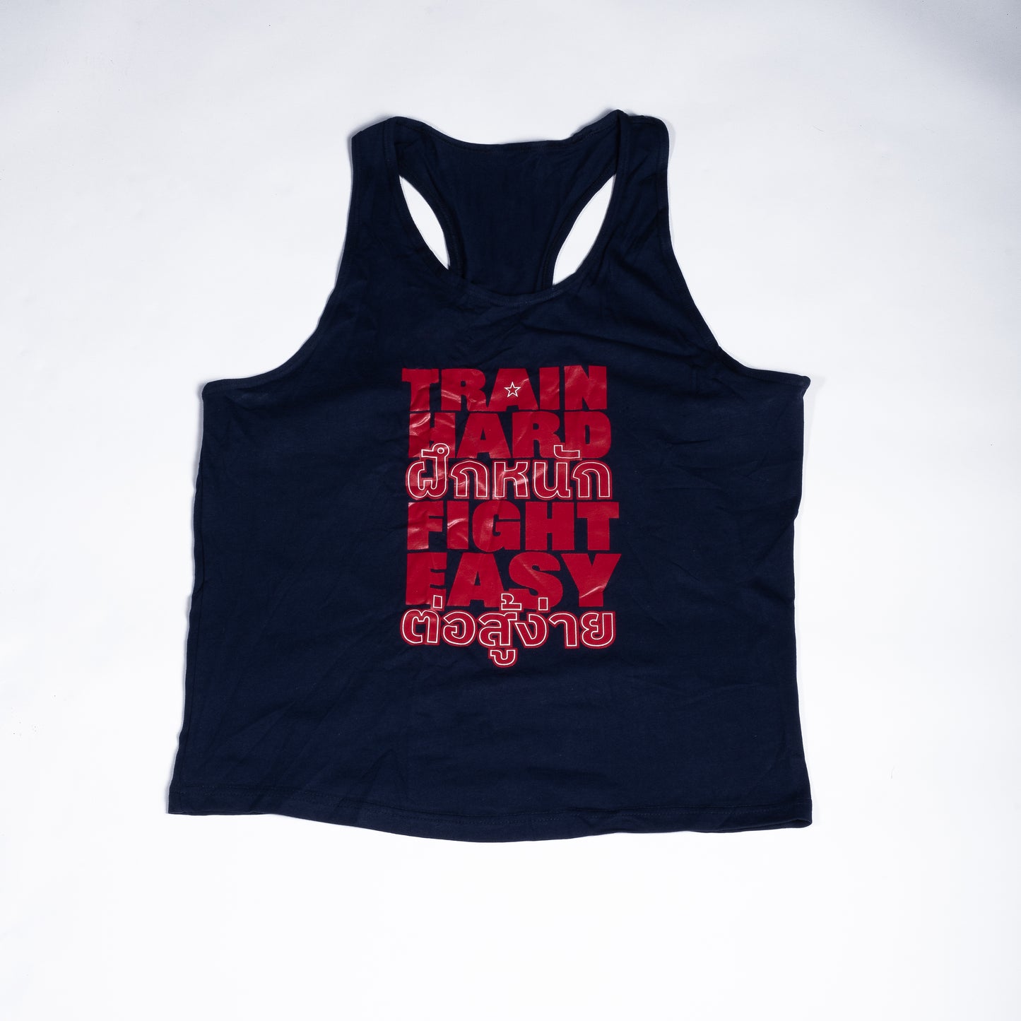 Muay Thai Nation fitted athletic tank top with Train Hard Fight Easy text graphic