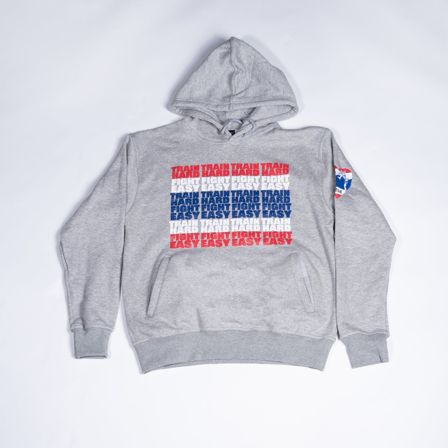 Muay Thai Nation light grey hoodie with a large Thailand flag chest graphic
