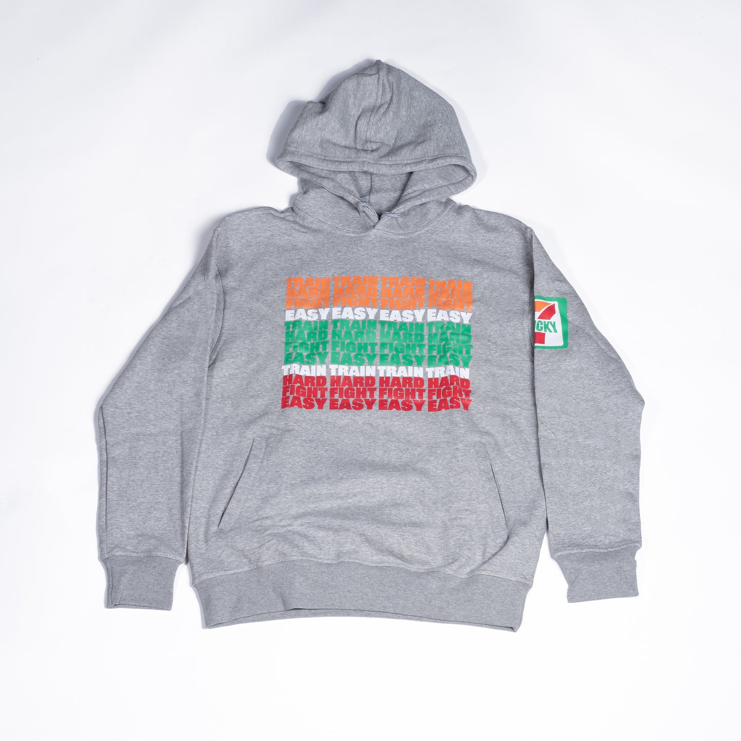 Muay Thai Nation light grey hoodie with a green, orange, and red striped chest graphic lucky 7