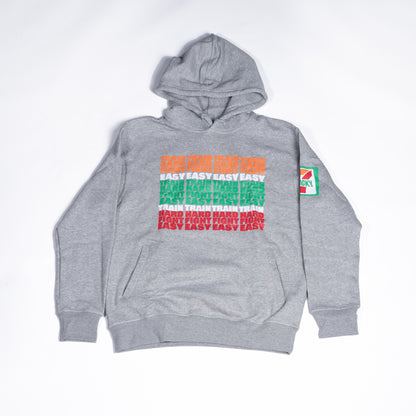 Muay Thai Nation light grey hoodie with a green, orange, and red striped chest graphic lucky 7