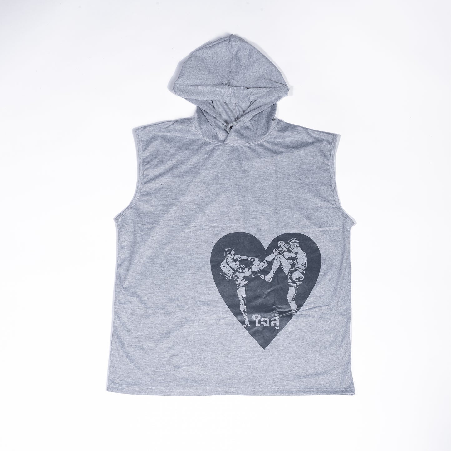 Grey sleeveless jersey hoodie featuring a black heart graphic with traditional Thai script text