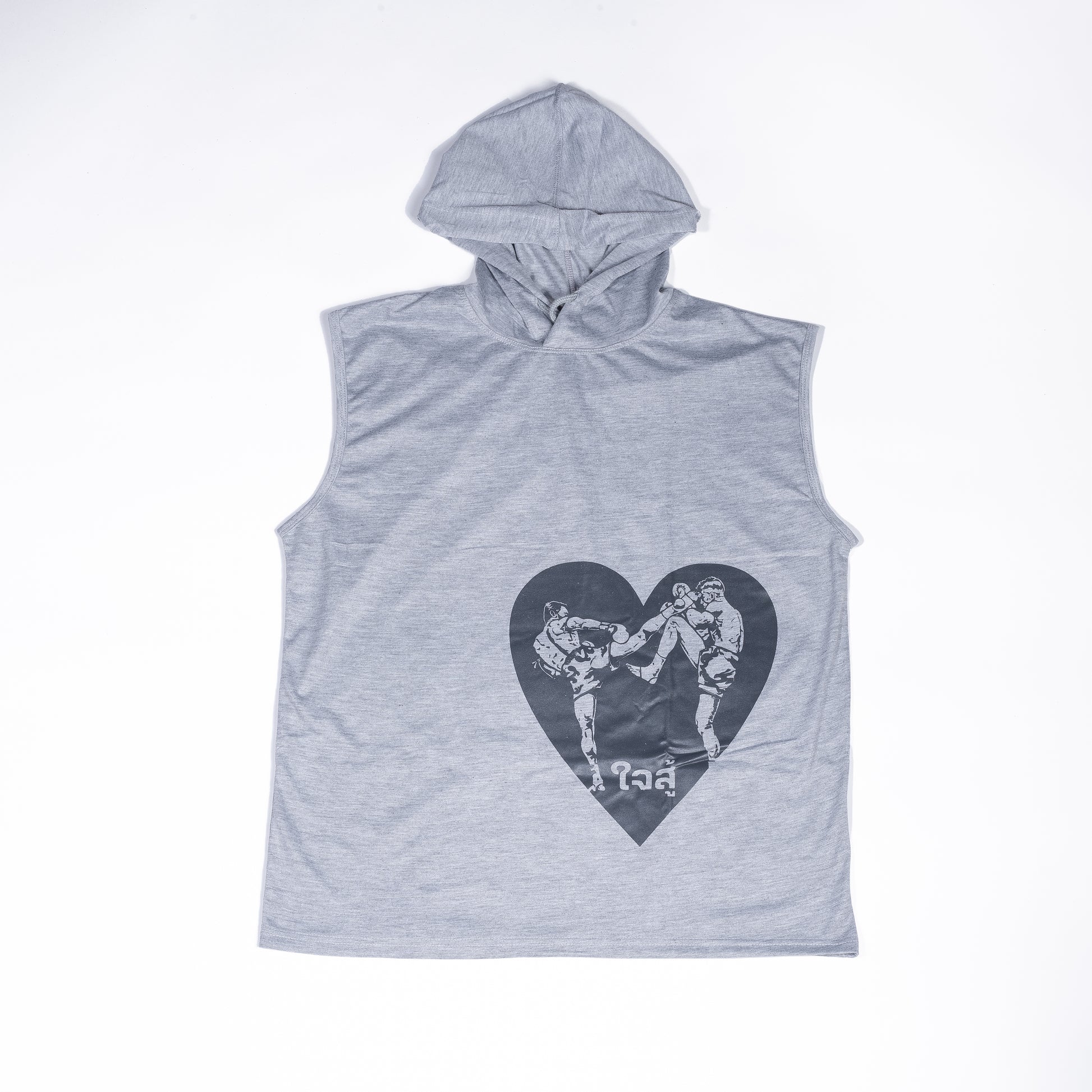 Grey sleeveless jersey hoodie featuring a black heart graphic with traditional Thai script text