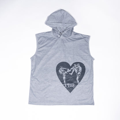 Grey sleeveless jersey hoodie featuring a black heart graphic with traditional Thai script text